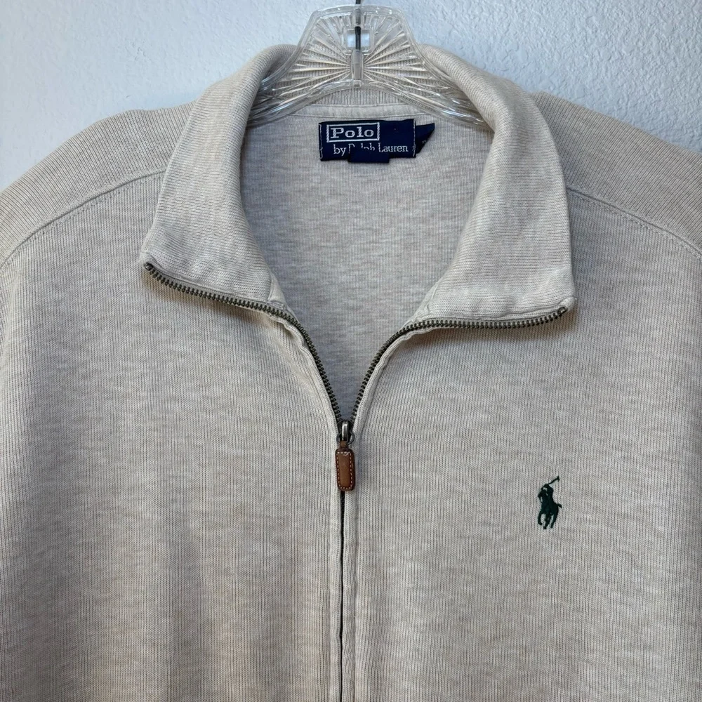 Polo Ralph Lauren Mens Cream Tan Heathered Sweater Jacket Large Pony Logo Preppy